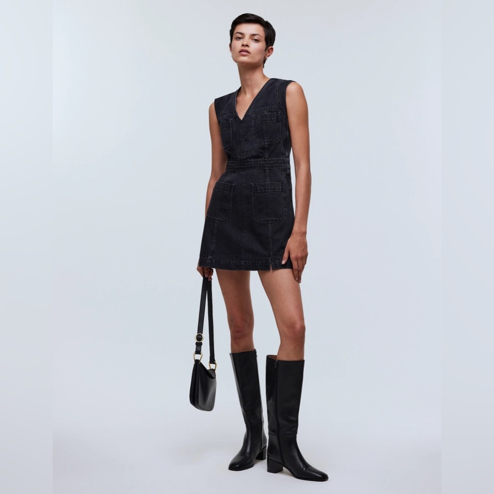 NWOT Madewell Denim Cap-Sleeve Mini Dress in Tarrybrook Wash - 6 - Black